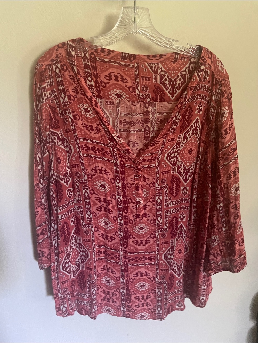 Lucky Brand Red Printed V-Neck Boho Blouse